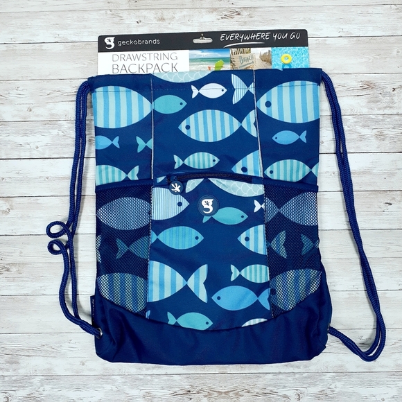 Gecko Brands Drawstring Backpack Fish Zip Pocket - Picture 1 of 4